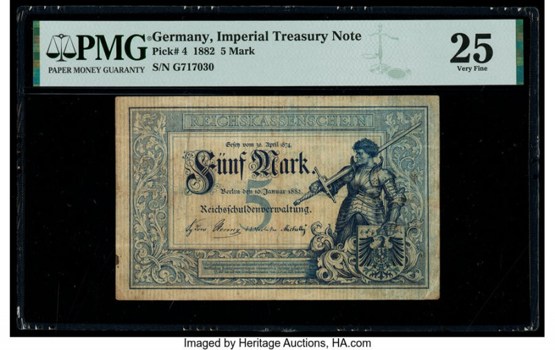 Germany Imperial Treasury Note 5 Mark 10.1.1882 Pick 4 PMG Very Fine 25. A forei...