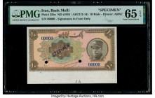 Iran Bank Melli 10 Rials ND (1934) / AH1313 Pick 25bs Specimen PMG Gem Uncirculated 65 EPQ. Specimen overprints and two POCs. Selvage included. 

HID0...
