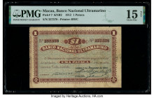 Macau Banco Nacional Ultramarino 1 Pataca 1.1.1912 Pick 7 KNB2 PMG Choice Fine 15 Net. Repairs and pieces added are noted on this example.

HID0980124...