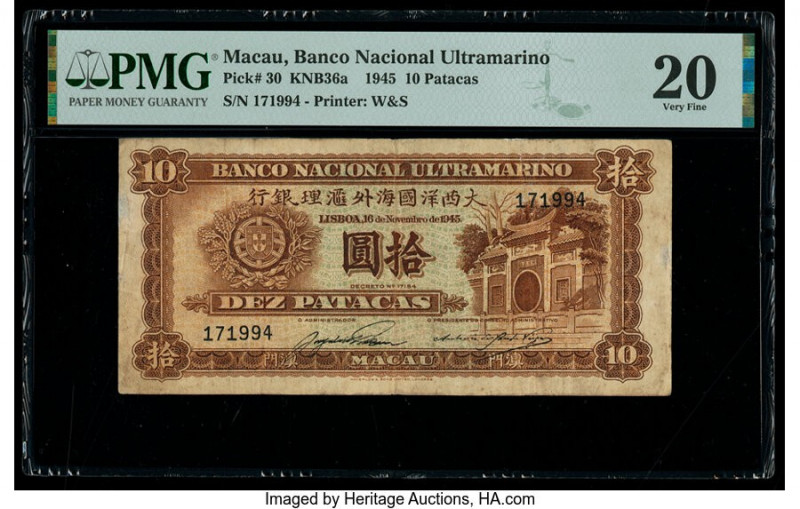 Macau Banco Nacional Ultramarino 10 Patacas 16.11.1945 Pick 30 KNB36a PMG Very F...
