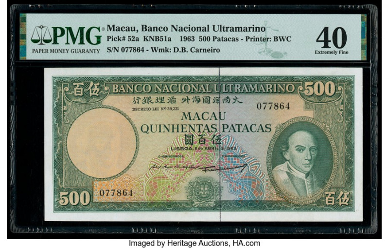 Macau Banco Nacional Ultramarino 500 Patacas 8.4.1963 Pick 52a KNB51a PMG Extrem...