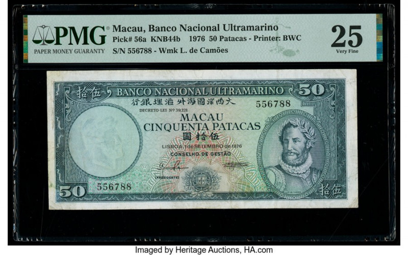 Macau Banco Nacional Ultramarino 50 Patacas 1.9.1976 Pick 56a KNB44b PMG Very Fi...