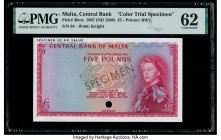 Malta Central Bank of Malta 5 Pounds 1967 (ND 1968) Pick 30cts Color Trial Specimen PMG Uncirculated 62. Black Specimen overprints, one POC and previo...