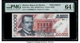 Mexico Banco de Mexico 100,000 Pesos 1988 Pick 94as PMG Choice Uncirculated 64 EPQ. Roulette Sin Valor punch & Especimen overprints are present on thi...