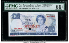 New Zealand Reserve Bank of New Zealand 10 Dollars ND (1981-92) Pick 172s Specimen PMG Gem Uncirculated 66 EPQ. Red Specimen overprints and one POC ar...