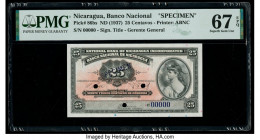Nicaragua Banco Nacional 25 Centavos ND (1937) Pick 86bs Specimen PMG Superb Gem Unc 67 EPQ. Specimen overprints and three POCs are present on this ex...
