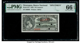 Nicaragua Banco Nacional 10 Centavos 1938 Pick 87s Specimen PMG Gem Uncirculated 66 EPQ. Red Specimen overprints and three POCs are present on this ex...