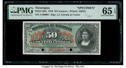 Nicaragua Billete del Tesoro Nacional 50 Centavos 1910 Pick 43bs Specimen PMG Gem Uncirculated 65 EPQ. Red Specimen overprints and two POCs are presen...