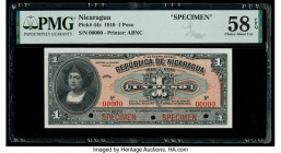 Nicaragua Billete del Tesoro Nacional 1 Peso 1910 Pick 44s Specimen PMG Choice About Unc 58 EPQ. Red Specimen overprints and three POCs are present on...