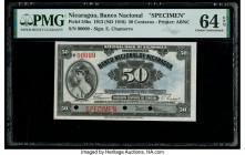 Nicaragua Banco Nacional 50 Centavos 1912 Pick 54bs Specimen PMG Choice Uncirculated 64 EPQ. Red Specimen overprints and three POCs are present on thi...