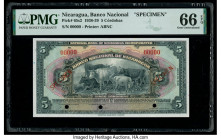 Nicaragua Banco Nacional 5 Cordobas 1938 Pick 65s2 Specimen PMG Gem Uncirculated 66 EPQ. Red Specimen overprints and three POCs are present on this ex...