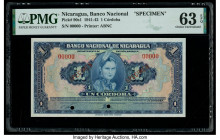 Nicaragua Banco Nacional 1 Cordoba 1941 Pick 90s1 Specimen PMG Choice Uncirculated 63 EPQ. Red Specimen overprints, as made wrinkle and two POCs are p...