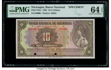 Nicaragua Banco Nacional 10 Cordobas 1942 Pick 94s1 Specimen PMG Choice Uncirculated 64 EPQ. Red Specimen overprints and two POCs are present on this ...