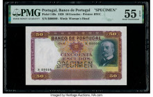 Portugal Banco de Portugal 50 Escudos ND (1938) Pick 149s Specimen PMG About Uncirculated 55 EPQ. A roulette Specimen punch is present on this example...