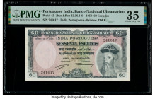 Portuguese India Banco Nacional Ultramarino 60 Escudos 2.1.1959 Pick 42 Jhunjhunwalla-Razack 12.36.1-6 PMG Choice Very Fine 35. Minor discoloration. 
...
