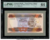 Solomon Islands Central Bank of Solomon Islands 20 Dollars ND (1986) Pick 16apm1 Printers model PMG Choice Uncirculated 64. Red Specimen & TDLR overpr...