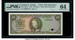 Trinidad & Tobago Central Bank of Trinidad and Tobago 10 Dollars 1964 Pick 28acts Color Trial Specimen PMG Choice Uncirculated 64. Red Specimen overpr...