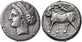 CAMPANIA. Neapolis. Circa 275-250 BC. Didrachm or Nomos (Silver, 18 mm, 7.32 g, 12 h). Diademed head of a nymph to left, wearing triple pendant earrin...