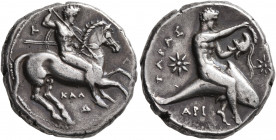 CALABRIA. Tarentum. Circa 333-331/0 BC. Didrachm or Nomos (Silver, 21 mm, 7.81 g, 1 h), Kal... and Ari..., magistrates. Nude rider on horse galloping ...