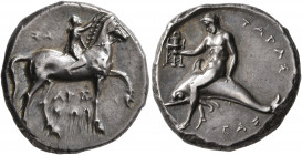 CALABRIA. Tarentum. Circa 280 BC. Didrachm or Nomos (Silver, 21 mm, 8.00 g, 7 h), Sa..., Arethon and Cas..., magistrates. Nude youth riding horse walk...