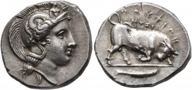 LUCANIA. Thourioi. Circa 400-350 BC. Didrachm or Nomos (Silver, 22 mm, 8.00 g, 7 h). Head of Athena to right, wearing crested Attic helmet adorned, on...