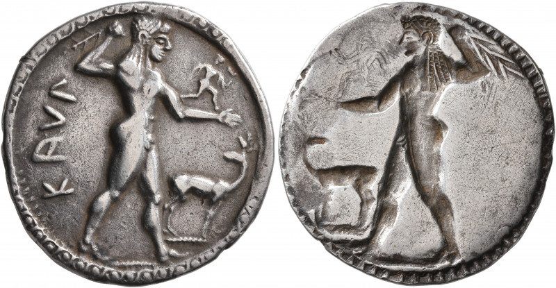 BRUTTIUM. Kaulonia. Circa 525-500 BC. Nomos (Silver, 30 mm, 7.67 g, 12 h). KAYΛ ...