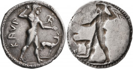 BRUTTIUM. Kaulonia. Circa 525-500 BC. Nomos (Silver, 30 mm, 7.67 g, 12 h). KAYΛ Apollo, nude, striding right, holding laurel branch in his upraised ri...