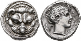 BRUTTIUM. Rhegion. Circa 415/0-387 BC. Tetradrachm (Silver, 25 mm, 16.66 g, 6 h), reverse die signed by Kratesippos. Facing head of a lion. Rev. ΡHΓIN...