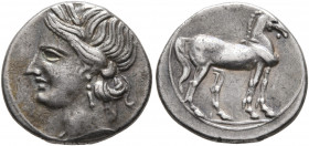 BRUTTIUM. Carthaginian occupation. Circa 216-211 BC. 1/4 Shekel (Silver, 14 mm, 1.86 g, 12 h), Second Punic War issues. Uncertain mint in Bruttium (Lo...