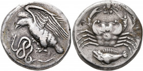 SICILY. Akragas. Circa 410-406 BC. Didrachm (Silver, 22 mm, 8.43 g, 1 h). [AKPAΓA-N-TI-NON] Eagle standing left with wings spread, attacking a coiled ...