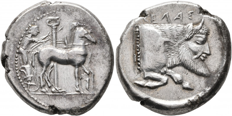 SICILY. Gela. Circa 465-450 BC. Tetradrachm (Silver, 27 mm, 17.16 g, 4 h). Chari...