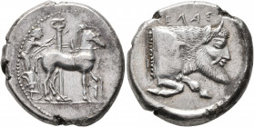 SICILY. Gela. Circa 465-450 BC. Tetradrachm (Silver, 27 mm, 17.16 g, 4 h). Charioteer, holding reins in his right hand and kentron in his left, drivin...