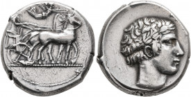 SICILY. Katane. Circa 430-415/3 BC. Tetradrachm (Silver, 26 mm, 17.32 g, 5 h). Charioteer driving quadriga walking to right, holding kentron in his ri...