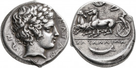 SICILY. Katane. Circa 405-403/2 BC. Tetradrachm (Silver, 26 mm, 17.20 g, 10 h), in the style of Eukleidas. KATAN-A-IΩN Laureate head of Apollo to righ...