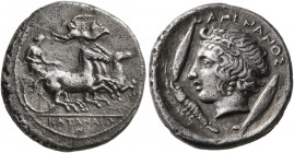 SICILY. Katane. Circa 405-403/2 BC. Drachm (Silver, 18 mm, 4.00 g, 6 h), unsigned dies in the style of Euainetos. KATANAIΩ/N Charioteer driving quadri...