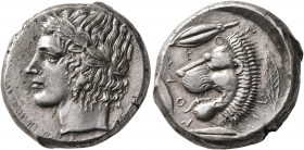 SICILY. Leontini. Circa 430-425 BC. Tetradrachm (Silver, 25 mm, 17.00 g, 9 h). Laureate head of Apollo to left. Rev. LEON-TI-NON Head of a lion with o...