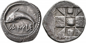 SICILY. Messana (as Zankle). Circa 500-493 BC. Drachm (Silver, 23 mm, 5.95 g). DANKLE Dolphin to left within the sickle-shaped harbor of the city. Rev...