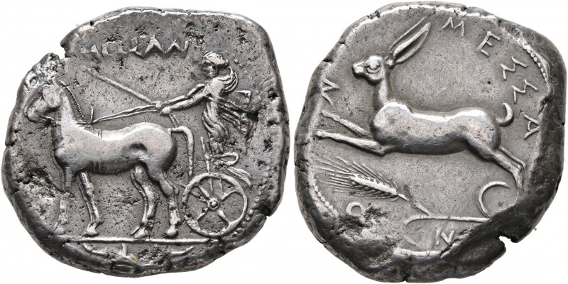 SICILY. Messana. 420-413 BC. Tetradrachm (Silver, 28 mm, 17.18 g, 9 h). The nymp...
