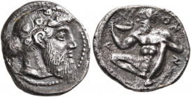 SICILY. Naxos. Circa 461-430 BC. Drachm (Silver, 18 mm, 3.74 g, 2 h), circa 460. Bearded head of Dionysos to right, wearing wreath of ivy and with his...