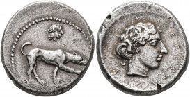 SICILY. Segesta. Circa 412/10-400 BC. Didrachm (Silver, 21 mm, 8.39 g, 7 h). The river-god Krimisos, in the form of a hunting dog, standing right, on ...