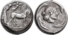 SICILY. Syracuse. Deinomenid Tyranny, 485-466 BC. Tetradrachm (Silver, 23 mm, 17.33 g, 1 h), circa 475-470. Charioteer, holding kentron in his right h...