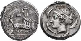 SICILY. Syracuse. Second Democracy, 466-405 BC. Tetradrachm (Silver, 26 mm, 17.10 g, 2 h), dies signed by Euainetos, circa 415-413. Charioteer driving...