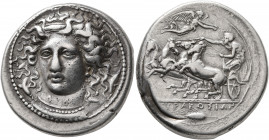 SICILY. Syracuse. Second Democracy, 466-405 BC. Tetradrachm (Silver, 28 mm, 17.14 g, 4 h), dies signed by Kimon, circa 406-405. Head of Arethusa facin...