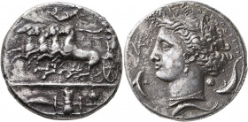 SICILY. Syracuse. Dionysios I, 405-367 BC. Dekadrachm (Silver, 37 mm, 41.05 g, 1 h), circa 405-400. Charioteer driving quadriga galloping to left, hol...
