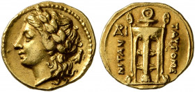 SICILY. Tauromenion. Circa 214-212 BC. 15 Litrai or Trihemiobol (Gold, 10 mm, 1.00 g, 7 h). Laureate head of Apollo to left; behind, bee. Rev. TAYPOME...