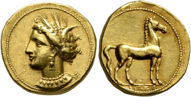 CARTHAGE. Circa 350-320 BC. Stater (Gold, 19 mm, 9.39 g, 3 h). Head of Tanit to ...