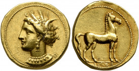 CARTHAGE. Circa 350-320 BC. Stater (Gold, 19 mm, 9.39 g, 3 h). Head of Tanit to left, wearing wreath of grain ears, triple-pendant earring and elabora...