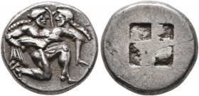 ISLANDS OFF THRACE, Thasos. Circa 500-480 BC. Drachm (Silver, 15 mm, 4.19 g). Nude ithyphallic satyr, with long beard and long hair, moving right in '...