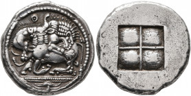 MACEDON. Akanthos. Circa 480-470 BC. Tetradrachm (Silver, 27 mm, 17.24 g). Lion to right, attacking a bull collapsing to left with head raised; above,...