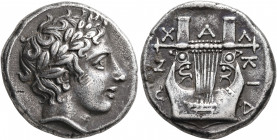 MACEDON, Chalkidian League. Circa 383/2 BC. Tetradrachm (Silver, 25 mm, 14.28 g, 9 h), Olynthos. Laureate head of Apollo to right. Rev. X-A-Λ-KIΔ-[E]Ω...
